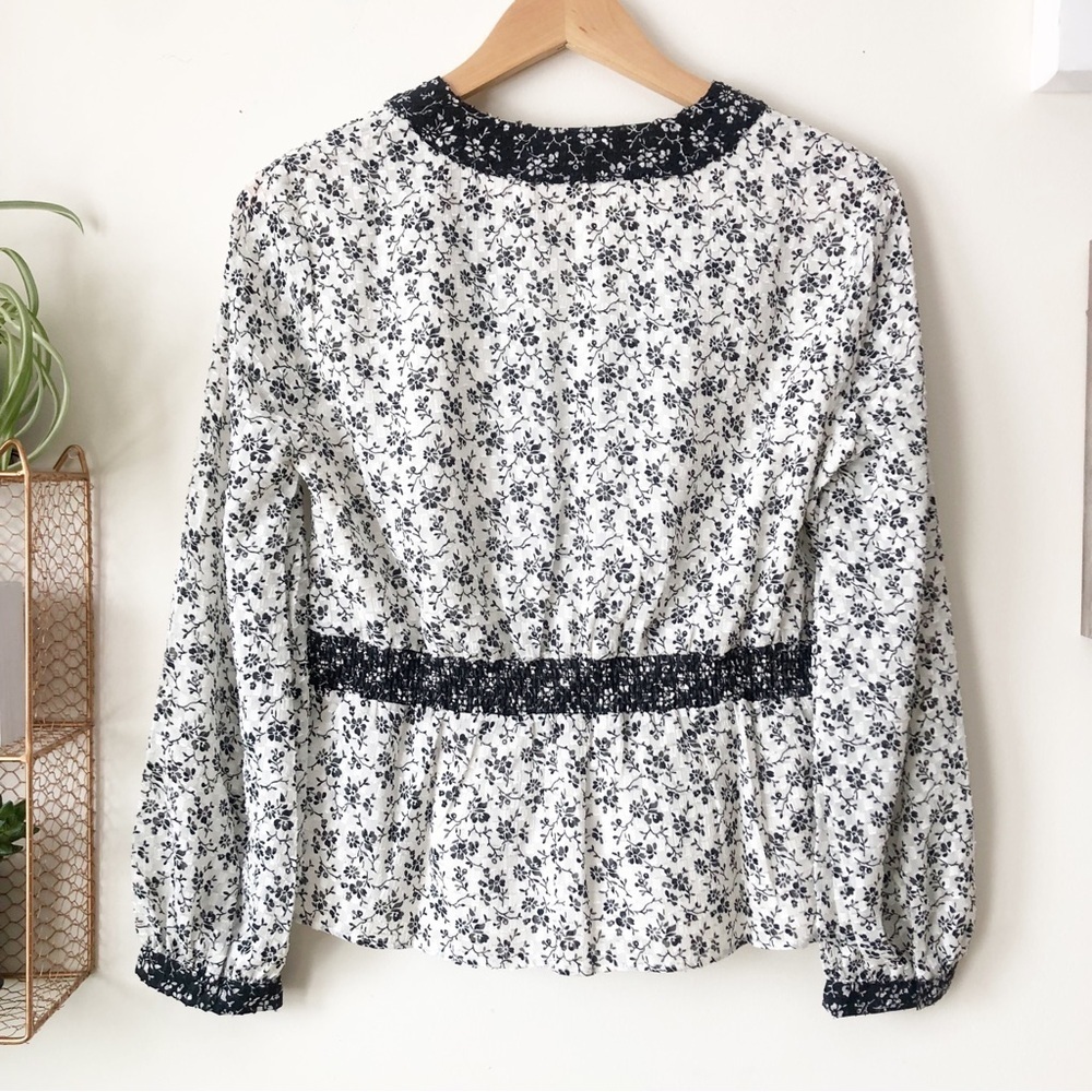 Madewell Clip-dot Branch Floral V-Neck Peplum Top Black White Dainty Monochrome - Picture 3 of 12